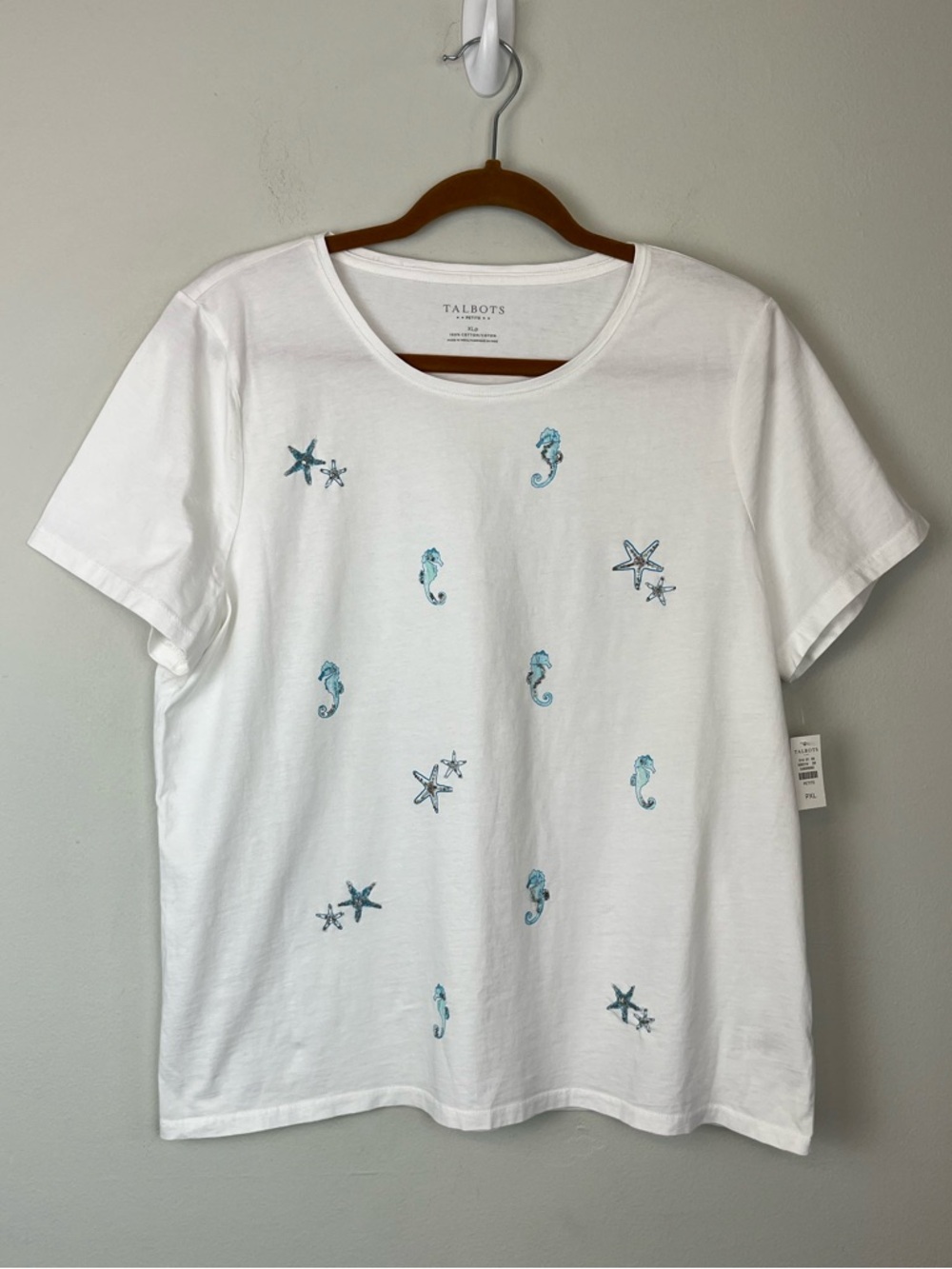 NWT Talbots Outlet Tee White Seahorses Embroidered Sequined XLP